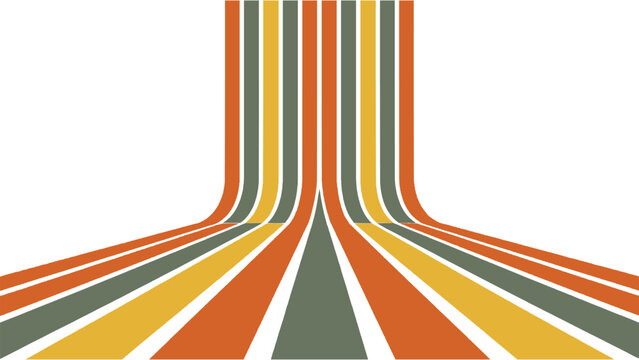 Retro curved stripe background with orange yellow and green lines creating a vintage geometric flow