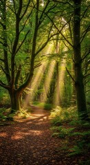 Fototapeta premium Sunbeams pierce through lush forest canopy path