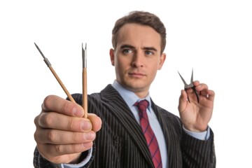Man Holding Jewelers Tools on White