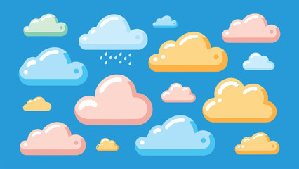 Obraz premium Cute Colourful Cartoon Cloud Collection with Rain and Glossy Weather Elements on Blue Sky Background
