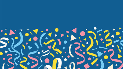 Colourful confetti border with playful geometric party shapes on blue background