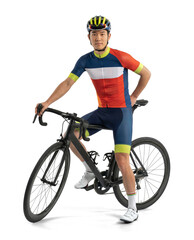 Asian Male Cyclist Standing with Road Bicycle on Isolated Background