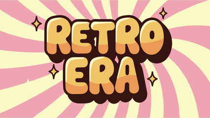 Retro era cartoon text with bold bubble letters and vintage sunburst background