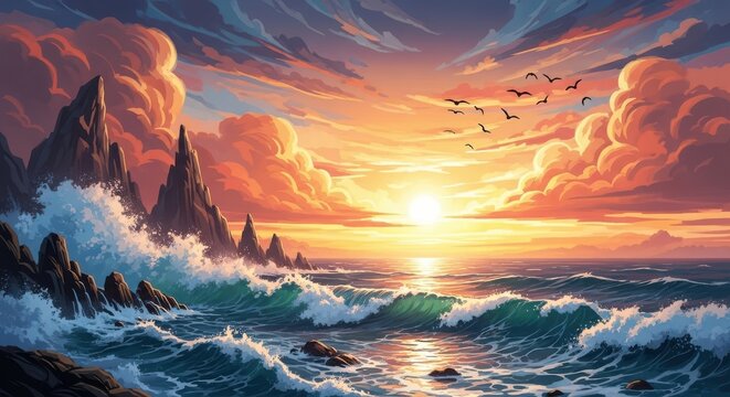 Dramatic sunset over rugged coastline with crashing waves - Powered by Adobe