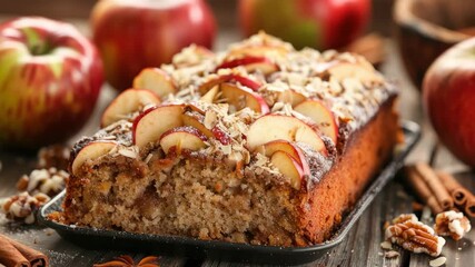 Freshly baked apple bread with sliced apples on top, surrounded by ingredients and nuts