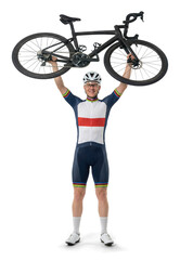 Excited Male Cyclist Lifting Road Bicycle Overhead in Victory