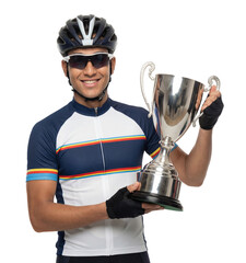Happy Hispanic Male Cyclist Holding Silver Champion Trophy on Isolated Background