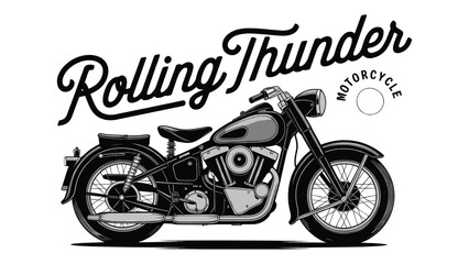 Vintage motorcycle illustration with classic chopper silhouette and retro Rolling Thunder typography © Vectyx