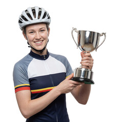 Cheerful Female Cyclist Holding Silver Winner Trophy Cup on Isolated Background