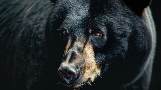 Close-up of bear with glossy black fur and brown muzzle, focused eyes