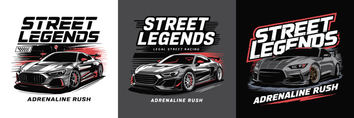 High-speed street legends racing car illustration with bold adrenaline rush typography and dynamic motion graphics