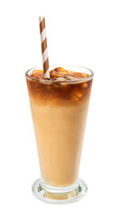 Refreshing iced latte cofffee in a tall glass isolated on a white background.