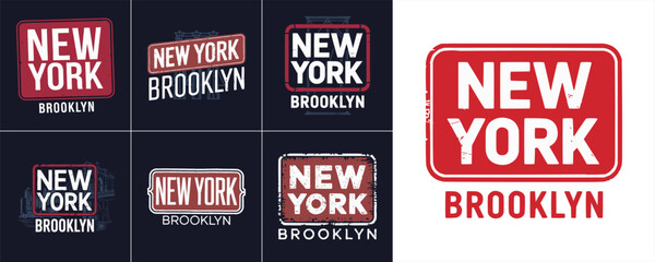 New York Brooklyn vintage badge typography set with distressed city graphics for urban apparel, retro signage and classic clothing labels © Vectyx