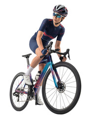 Asian Female Cyclist Looking Back While Riding Road Bike on Isolated Background