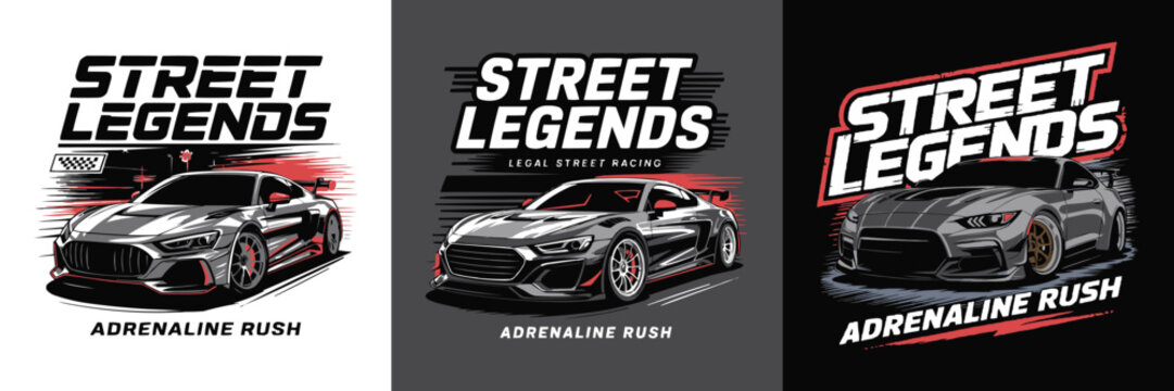 High-speed street legends racing car illustration with bold adrenaline rush typography and dynamic motion graphics