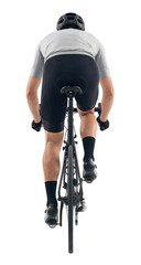 Male Cyclist Riding Bicycle Seen From Behind on Isolated Background