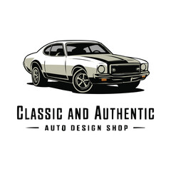 Classic muscle car illustration for retro auto design shop with vintage coupe vehicle in bold graphic style