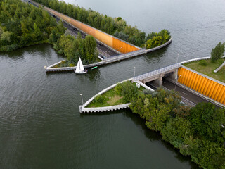 Drone view of the famous aquaduct near Harderwijk, The Netherlands