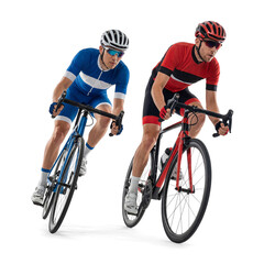 Two Male Cyclists Competing in High Speed Sprint on Isolated Background
