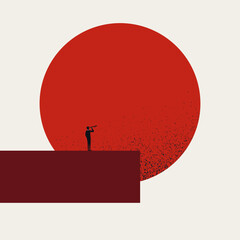 Obraz premium Minimalist vector illustration silhouette of a businessman looking through a telescope at a large red sun representing vision, future forecasting, and strategic planning in business.
