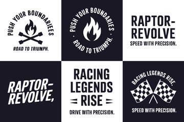 Obraz premium Racing emblem collection with flame icons, checkered flags, bold typography and speed themed performance graphics