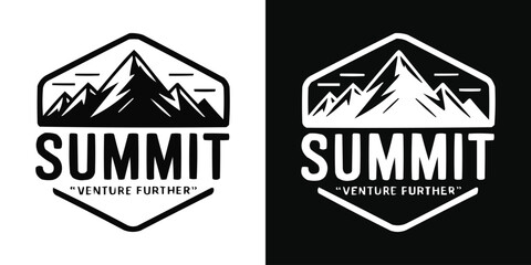 Monochrome mountain summit badge with bold adventure typography and outdoor expedition emblem design