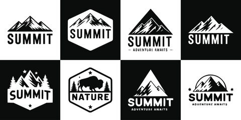 Obraz premium Mountain summit adventure badge set with bold nature emblems wildlife silhouette and outdoor exploration logo collection