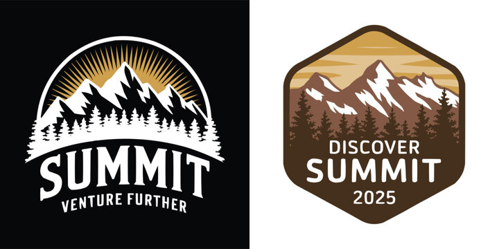 Mountain summit adventure badge set with sunrise peaks forest silhouettes and outdoor expedition emblem design