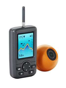 Digital fish finder and orange underwater probe on transparent background. 3D illustration