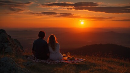Romantic Sunset Picnic for Two on Mountain Overlooking Scenic View