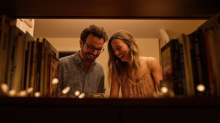 Joyful Couple Sharing Laughter in Cozy Setting with Books
