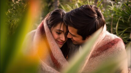 Warm Embrace of a Couple Wrapped in a Blanket in Nature