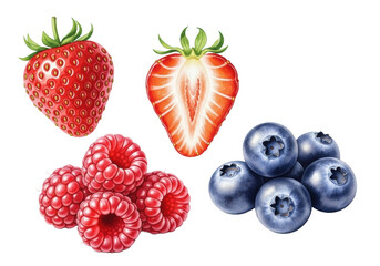 Hyperrealistic watercolor illustrations of whole and half strawberries, raspberries, and blueberries, artfully arranged on a transparent background with copy space, no shadows. Concept for commercial
