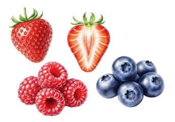 Hyperrealistic watercolor illustrations of whole and half strawberries, raspberries, and blueberries, artfully arranged on a transparent background with copy space, no shadows. Concept for commercial