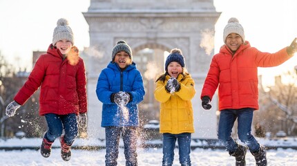 Happy diverse children playing together in the snow at a city park
