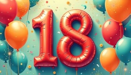 Big red number 18 balloons float with colorful party balloons and confetti. Festive backdrop for eighteenth birthday or anniversary celebration.