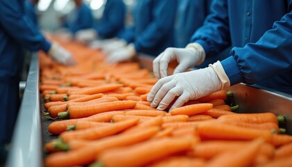 Workers in blue uniform, white gloves sort fresh carrots on conveyor belt. Inspect vegetables on processing line in food factory for quality control. People ensure good agricultural products hygiene,