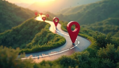 Fototapeta na wymiar Winding road goes through vibrant green hills at bright sunrise. Many red location pins mark specific points along journey path. Shows map, navigation, progress, future destination concept, planning