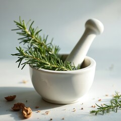White mortar and pestle with fresh rosemary sprigs inside. Dried rosemary leaves and walnut shells scattered on white surface. Natural home remedy preparation with fresh herbs for health and wellness.