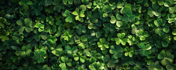 Fototapeta premium Dense layers of lush green shamrocks cover the ground, providing a rich natural backdrop. This tranquil scene captures the essence of spring's awakening in a garden