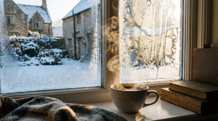 Fototapeta premium Cozy winter scene with steaming coffee cup on windowsill, overlooking snowy landscape and sunlight streaming through glass. Winter ambiance enhances comfort,