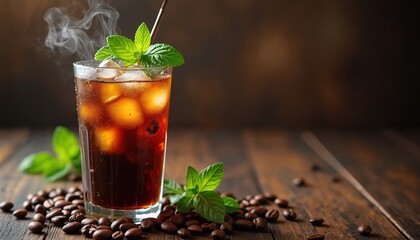 Cold brew coffee glass with ice and mint garnish on rustic wood table. Coffee beans scattered around, steam rises gently. Refreshing beverage perfect for summer morning.