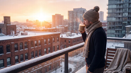 Cozy winter morning with man enjoying coffee on balcony while watching sunrise over snowy cityscape. Warm beverage accompanies peaceful moment outdoors during cold season.