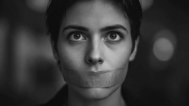 A striking black and white close-up shot features a person with short hair, whose mouth is sealed with tape. Their wide, expressive eyes gaze intently and directly into the camera, conveying a profoun