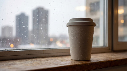 Cozy coffee cup on window sill with rain outside creating a serene atmosphere. This scene features a warm coffee cup set against rainy city backdrop, blending comfort with urban life.