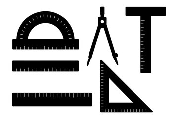 Black silhouette geometry tools set with compass, protractor, rulers, and square.