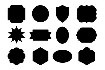 Set of 12 unique black silhouette badge labels with various shapes.