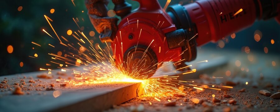 Close photo of wood being cut. Circular saw in action producing sparks. Construction industry carpentry and woodworking concept. Focus on the sharp blade. - Powered by Adobe