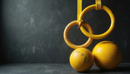 Two bright yellow gymnastic rings hang. Two yellow exercise balls rest on dark textured floor. Gym fitness equipment stands ready in pro studio setting with moody background for sport, training,