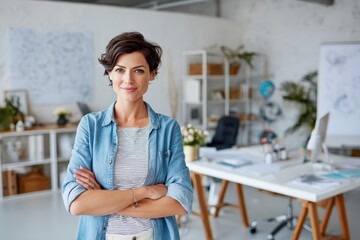 Warmly lit contemporary office showcasing a happy woman with crossed arms, looking directly at the camera, with sleek furniture and inspiring elements in the background